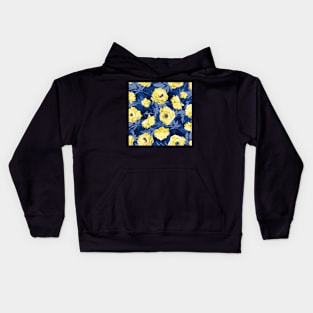 Yellow peonies - blue leaves Kids Hoodie